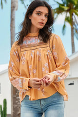 JAASE - Ginny Blouse: Lace High Neck Pull Over Blouse in Mango Paper Crane Print