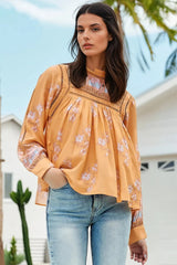 Ginny Blouse - Lace High Neck Pull Over Blouse in Mango Paper Crane Print