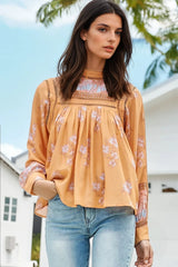 Ginny Blouse - Lace High Neck Pull Over Blouse in Mango Paper Crane Print