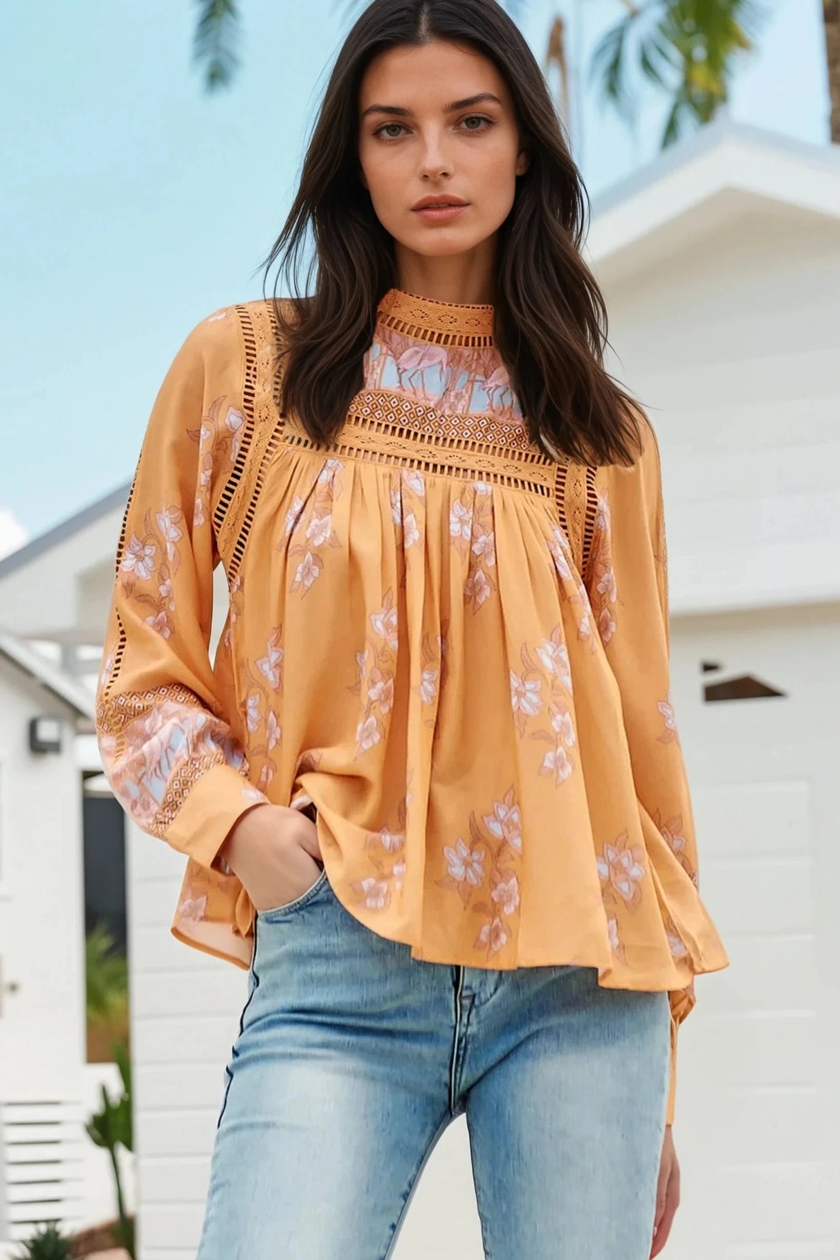 Ginny Blouse - Lace High Neck Pull Over Blouse in Mango Paper Crane Print