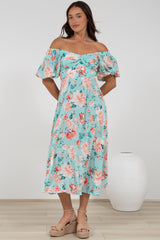 Gisella Midi Dress - Sweetheart Neckline A-Line Dress with Short Sleeves in Helara Print