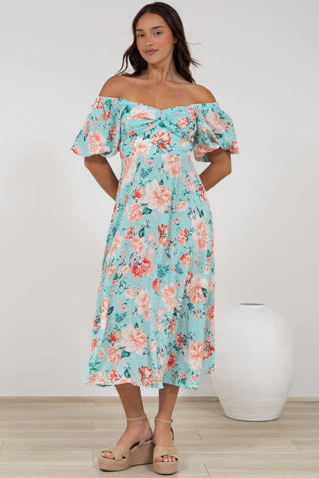 Gisella Midi Dress - Sweetheart Neckline A-Line Dress with Short Sleeves in Helara Print