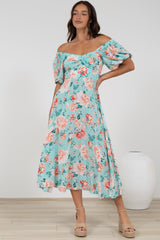 Gisella Midi Dress - Sweetheart Neckline A-Line Dress with Short Sleeves in Helara Print