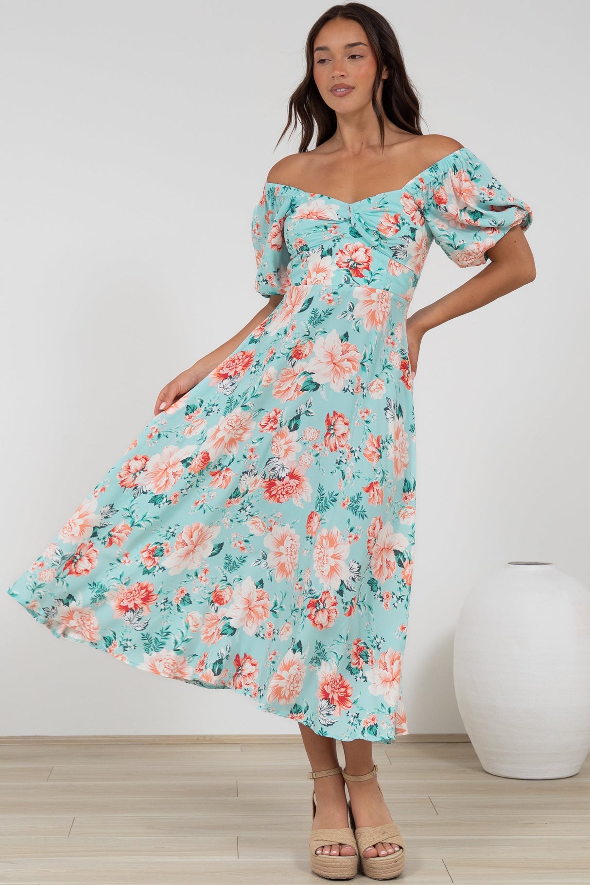 Gisella Midi Dress - Sweetheart Neckline A-Line Dress with Short Sleeves in Helara Print