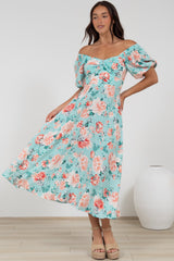 Gisella Midi Dress - Sweetheart Neckline A-Line Dress with Short Sleeves in Helara Print