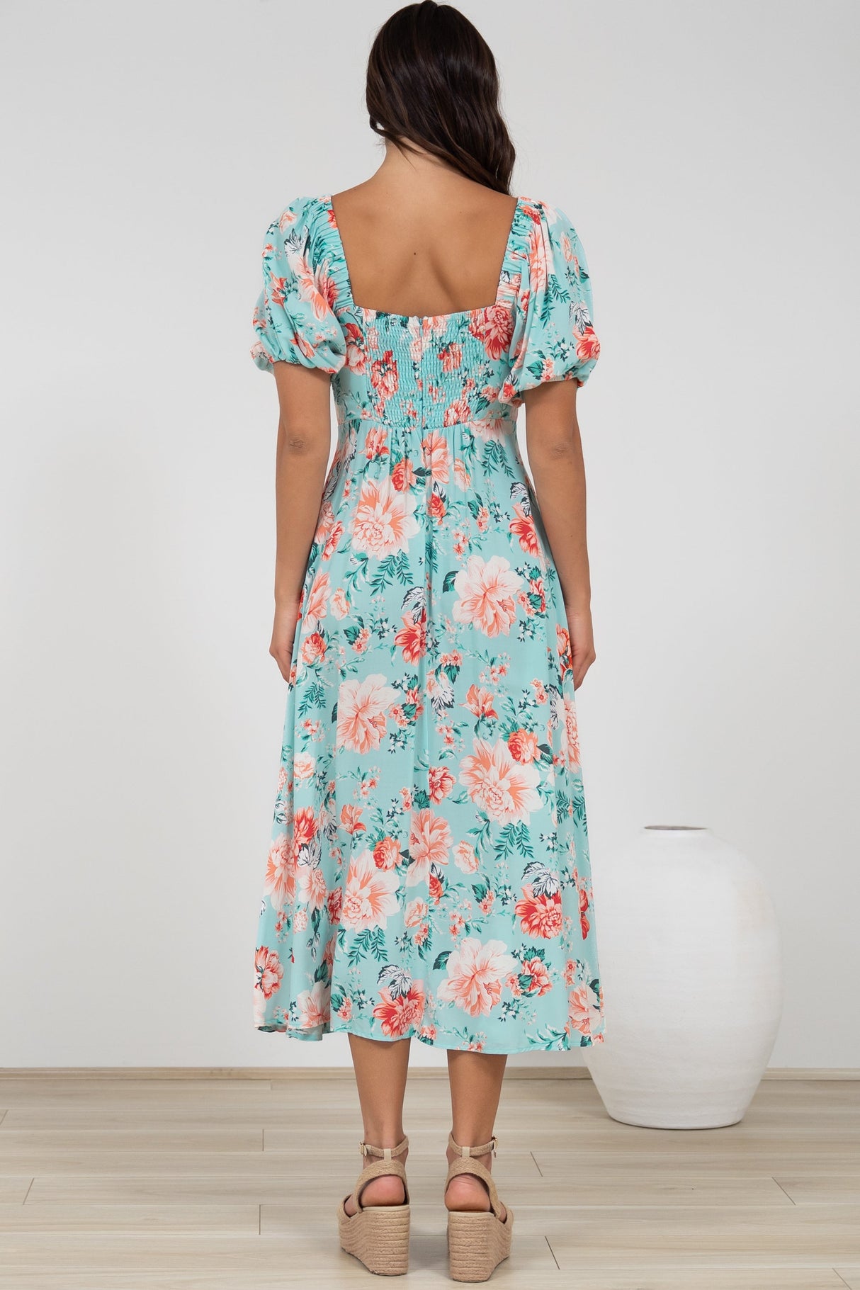 Gisella Midi Dress - Sweetheart Neckline A-Line Dress with Short Sleeves in Helara Print
