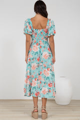 Gisella Midi Dress - Sweetheart Neckline A-Line Dress with Short Sleeves in Helara Print