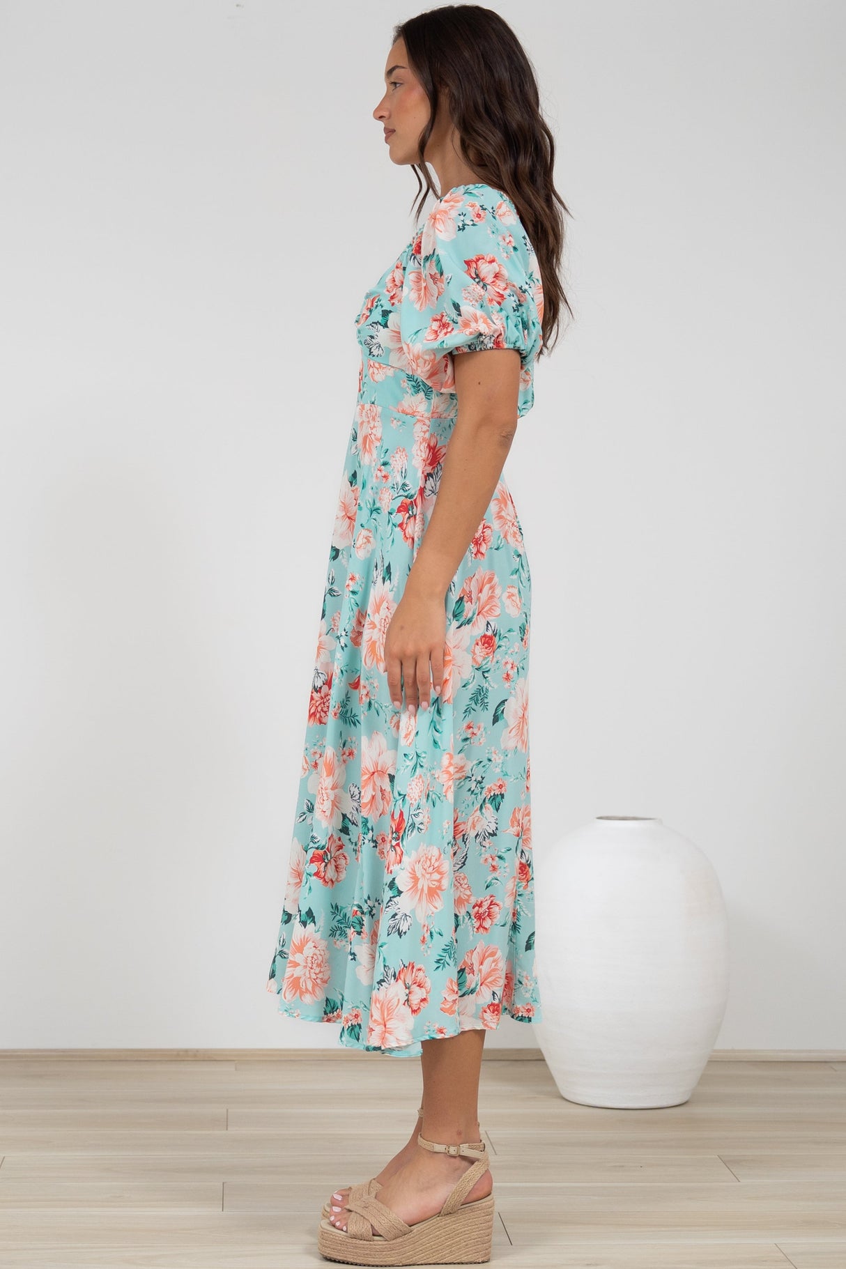 Gisella Midi Dress - Sweetheart Neckline A-Line Dress with Short Sleeves in Helara Print