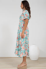 Gisella Midi Dress - Sweetheart Neckline A-Line Dress with Short Sleeves in Helara Print