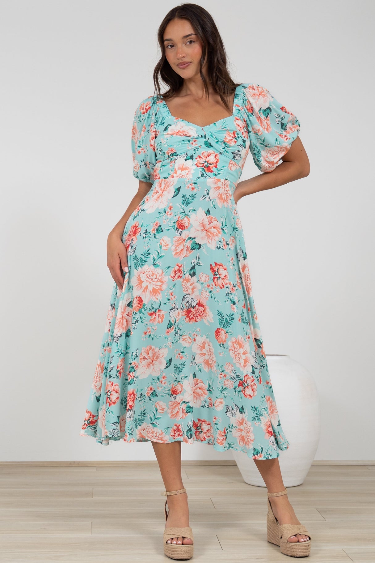Gisella Midi Dress - Sweetheart Neckline A-Line Dress with Short Sleeves in Helara Print