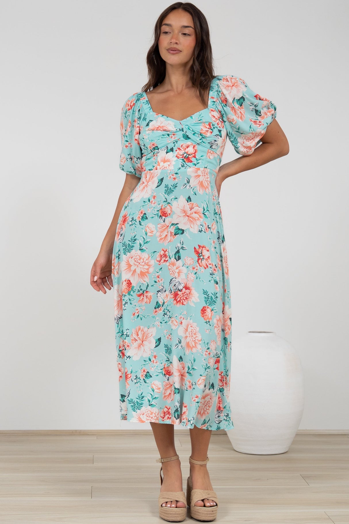 Gisella Midi Dress - Sweetheart Neckline A-Line Dress with Short Sleeves in Helara Print