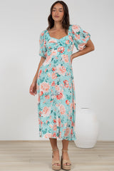 Gisella Midi Dress - Sweetheart Neckline A-Line Dress with Short Sleeves in Helara Print