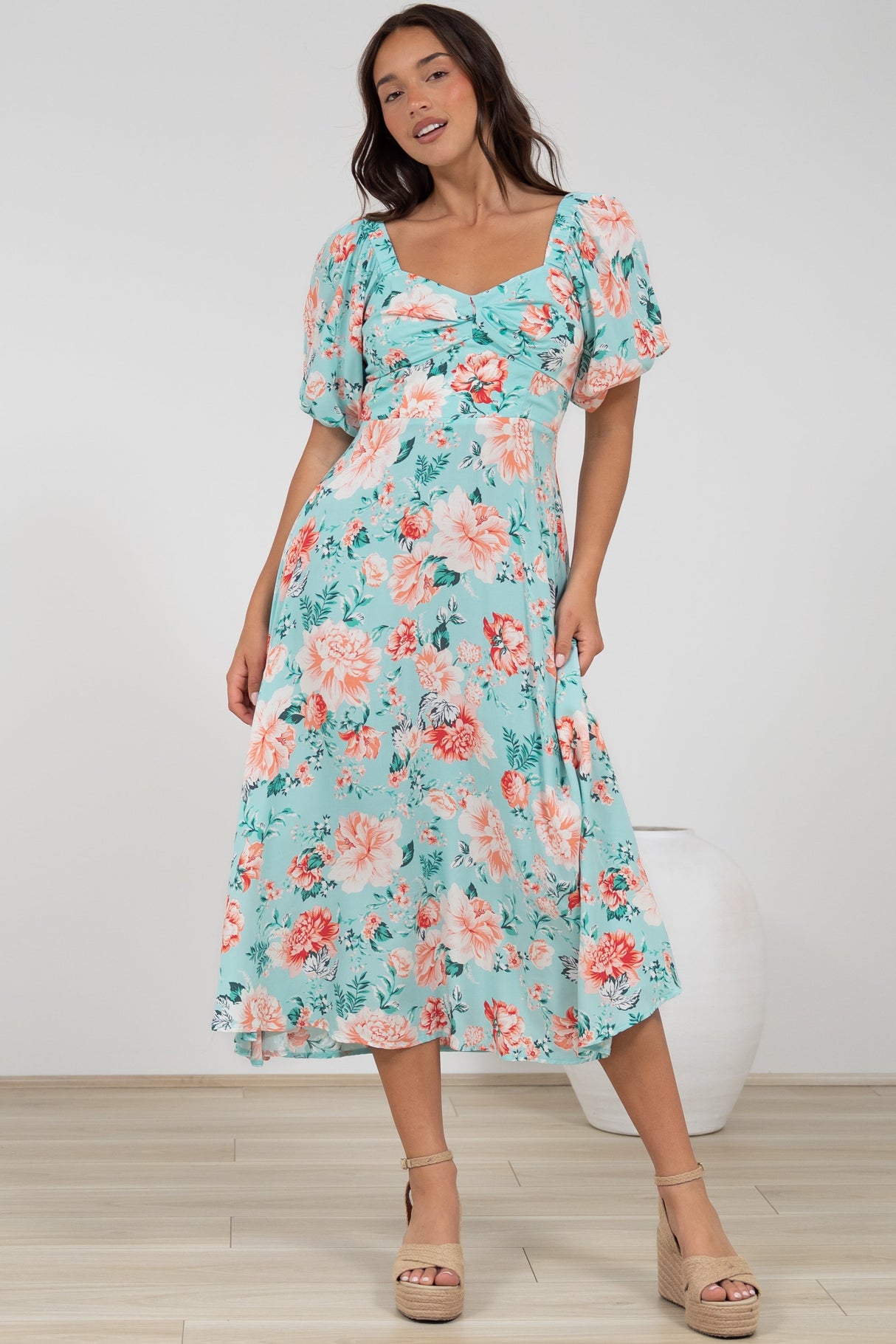 Gisella Midi Dress - Sweetheart Neckline A-Line Dress with Short Sleeves in Helara Print