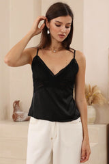 Giselle Cami - Silky Lace Trim Pintuck Bodice Cami in Black