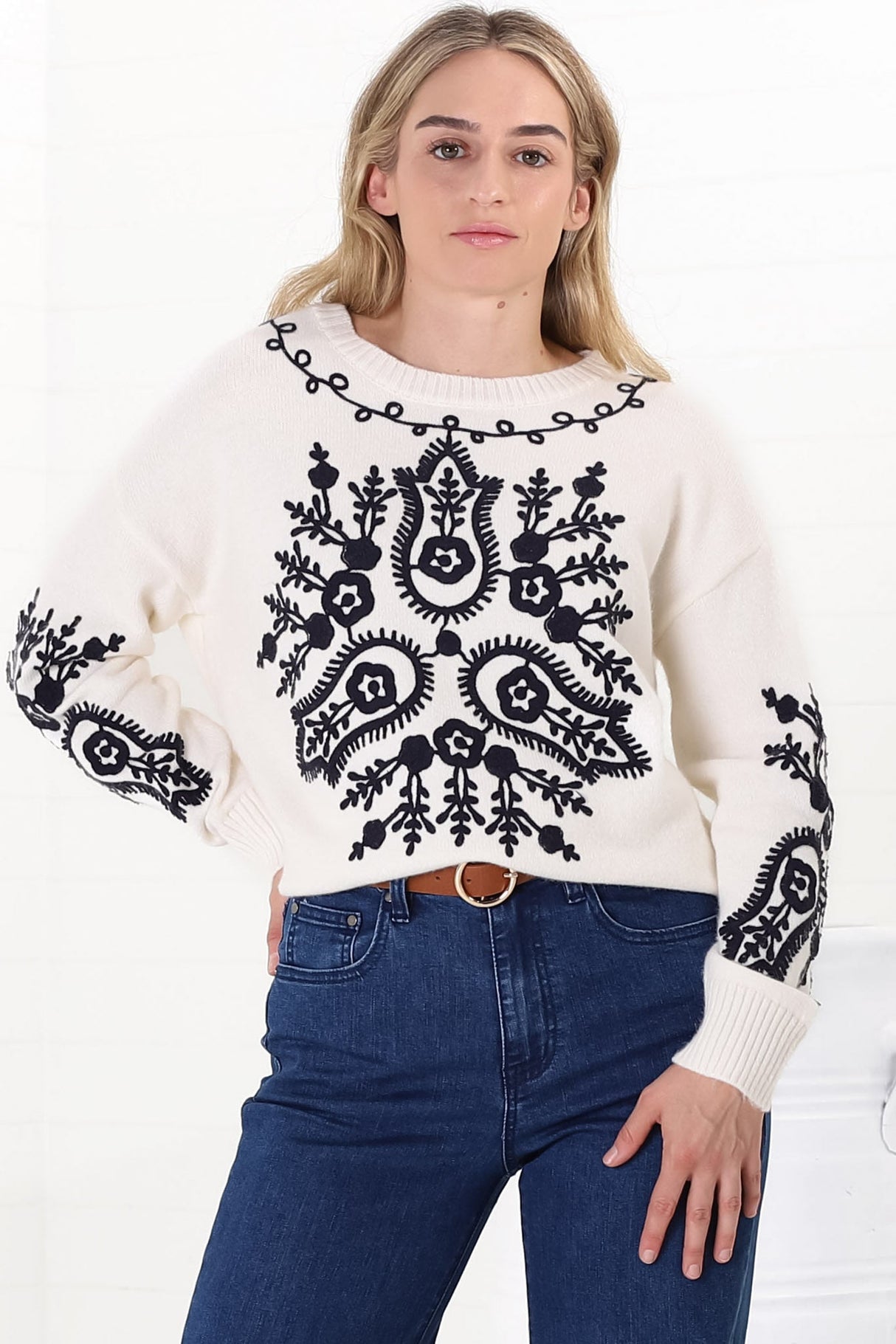 Giselle Jumper - Contrast Embroidery Crew Neck Jumper in Beige