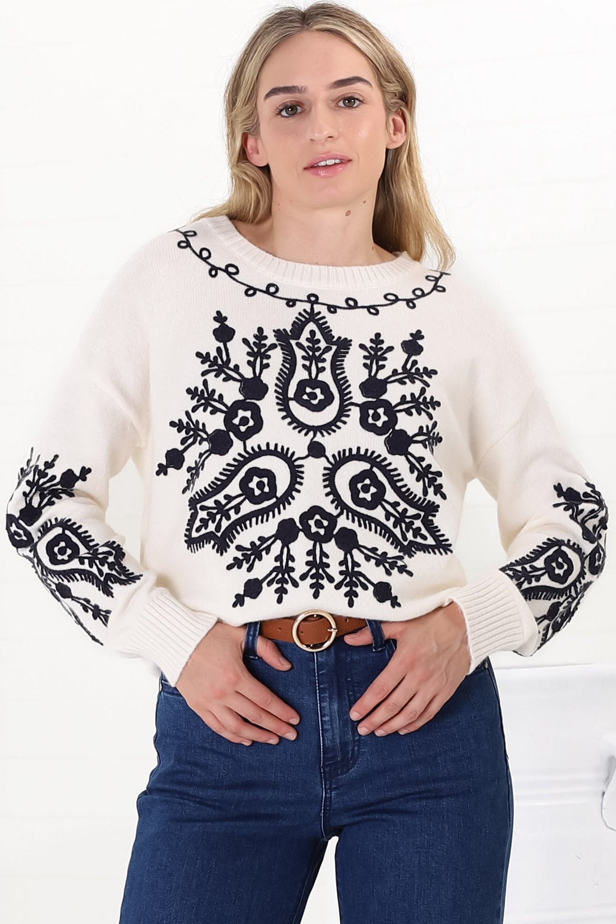 Giselle Jumper - Contrast Embroidery Crew Neck Jumper in Beige