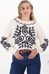 Giselle Jumper - Contrast Embroidery Crew Neck Jumper in Beige