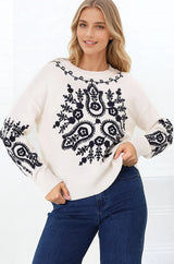 Giselle Jumper - Contrast Embroidery Crew Neck Jumper in Beige