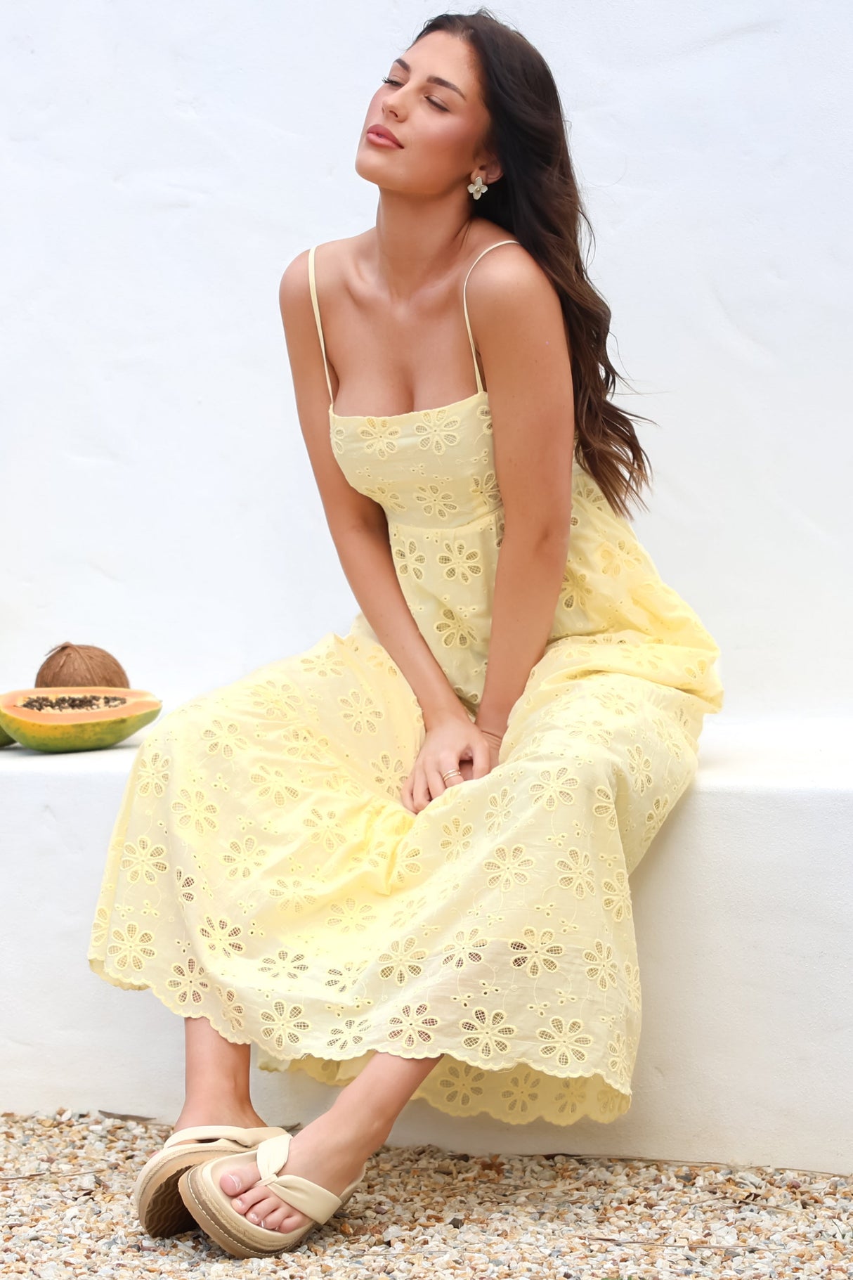 Giulia Maxi Dress - Floral Embroidered Sun Dress in Light Lemon