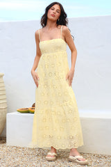 Giulia Maxi Dress - Floral Embroidered Sun Dress in Light Lemon