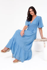 Glades Maxi Dress - V Neck Shirred Waist A Line Dress in Blue