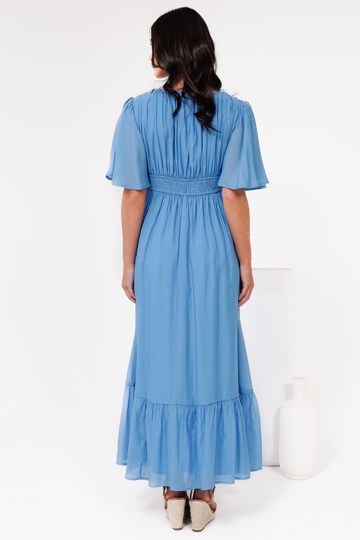 Glades Maxi Dress - V Neck Shirred Waist A Line Dress in Blue