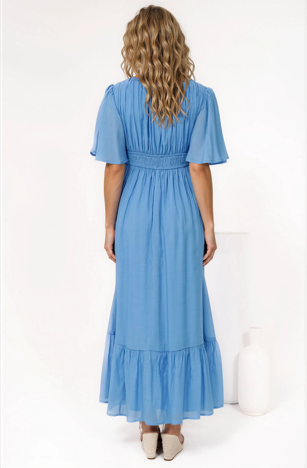 Glades Maxi Dress - V Neck Shirred Waist A Line Dress in Blue