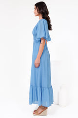 Glades Maxi Dress - V Neck Shirred Waist A Line Dress in Blue