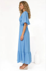 Glades Maxi Dress - V Neck Shirred Waist A Line Dress in Blue