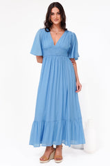 Glades Maxi Dress - V Neck Shirred Waist A Line Dress in Blue