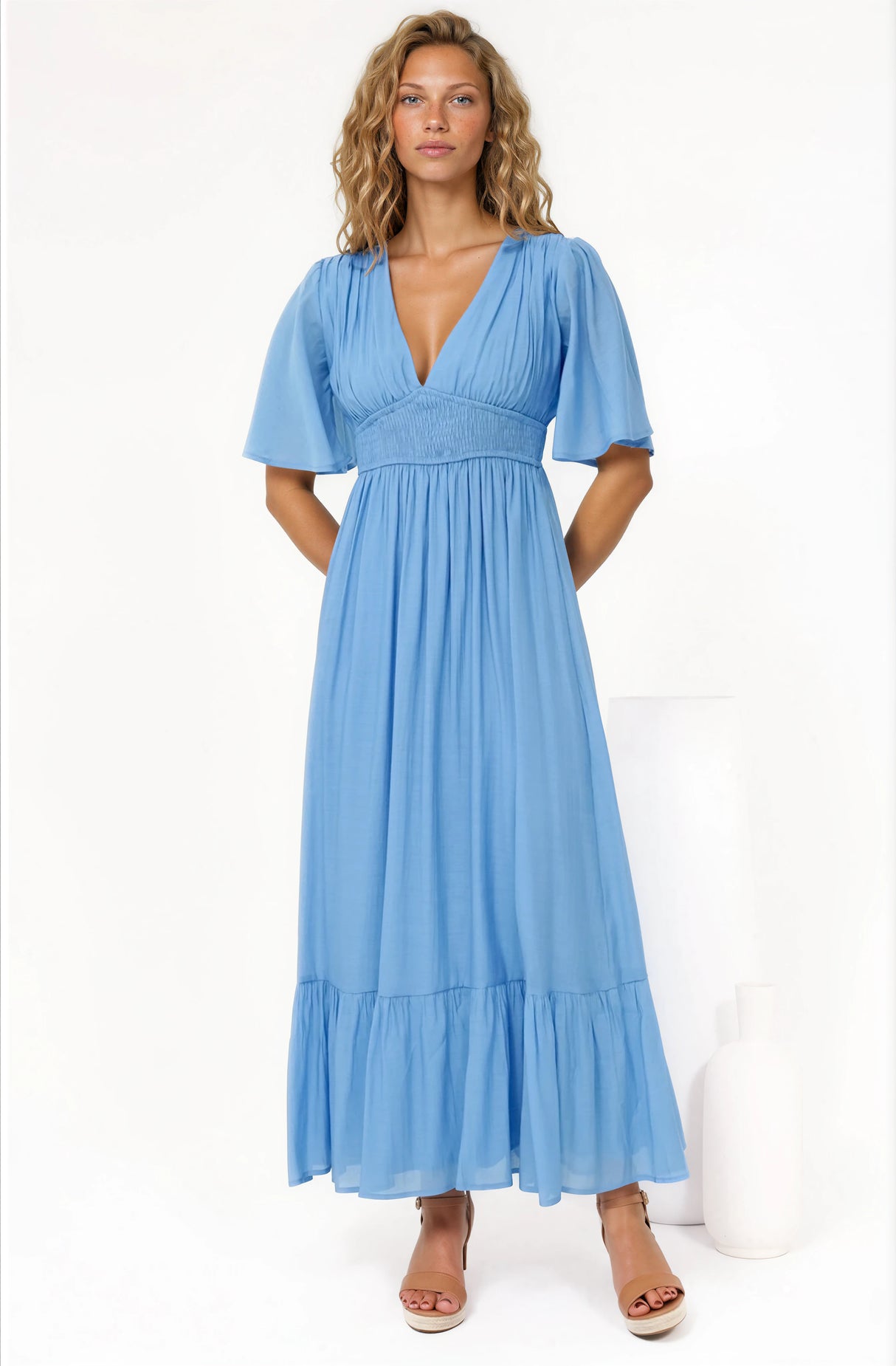 Glades Maxi Dress - V Neck Shirred Waist A Line Dress in Blue