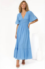 Glades Maxi Dress - V Neck Shirred Waist A Line Dress in Blue