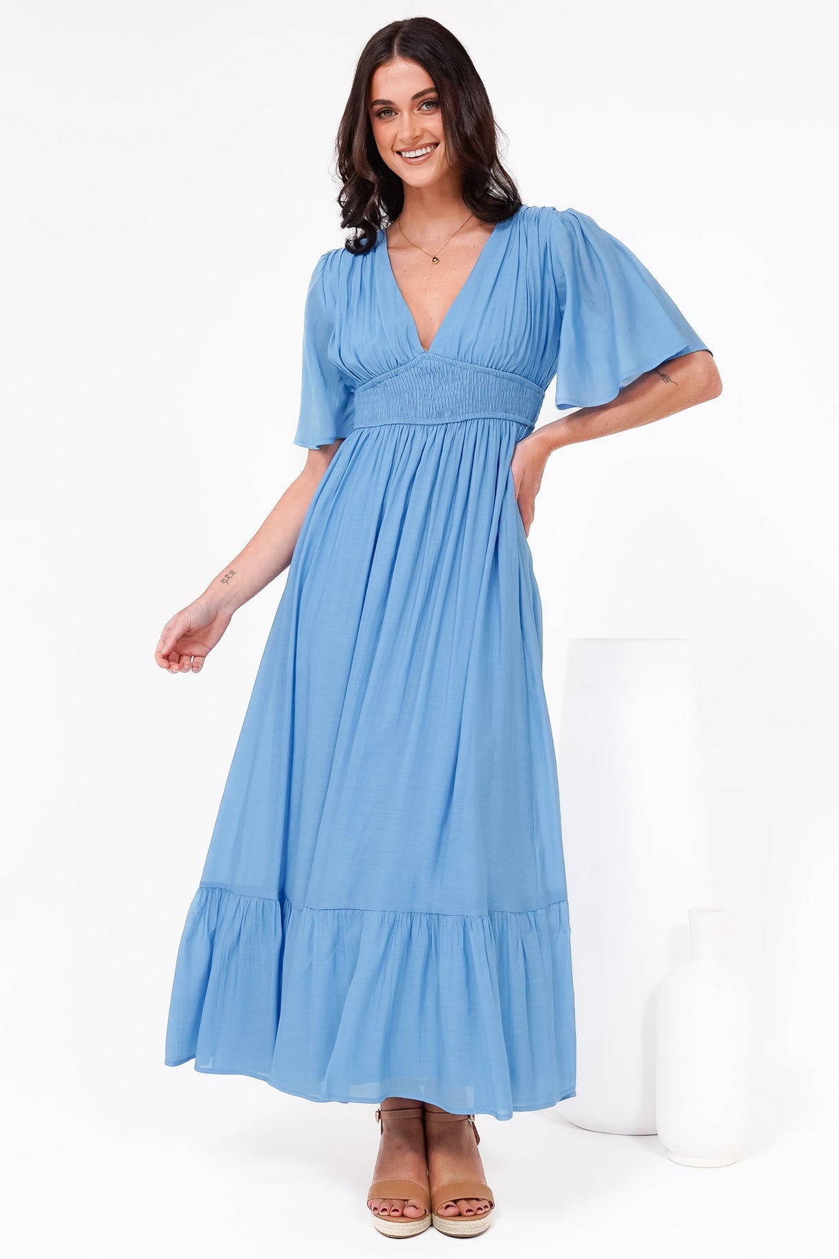 Glades Maxi Dress - V Neck Shirred Waist A Line Dress in Blue