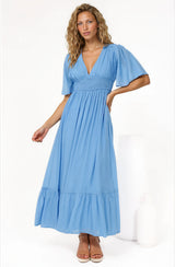 Model wearing Glades Maxi Dress in Blue from Salty Crush