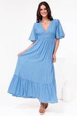Glades Maxi Dress - V Neck Shirred Waist A Line Dress in Blue