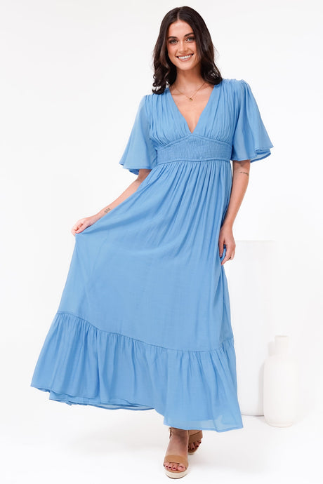 Glades Maxi Dress - V Neck Shirred Waist A Line Dress in Blue