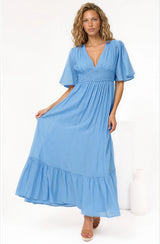 Glades Maxi Dress - V Neck Shirred Waist A Line Dress in Blue