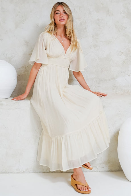 Glades Maxi Dress - V Neck Shirred Waist A Line Dress in Cream