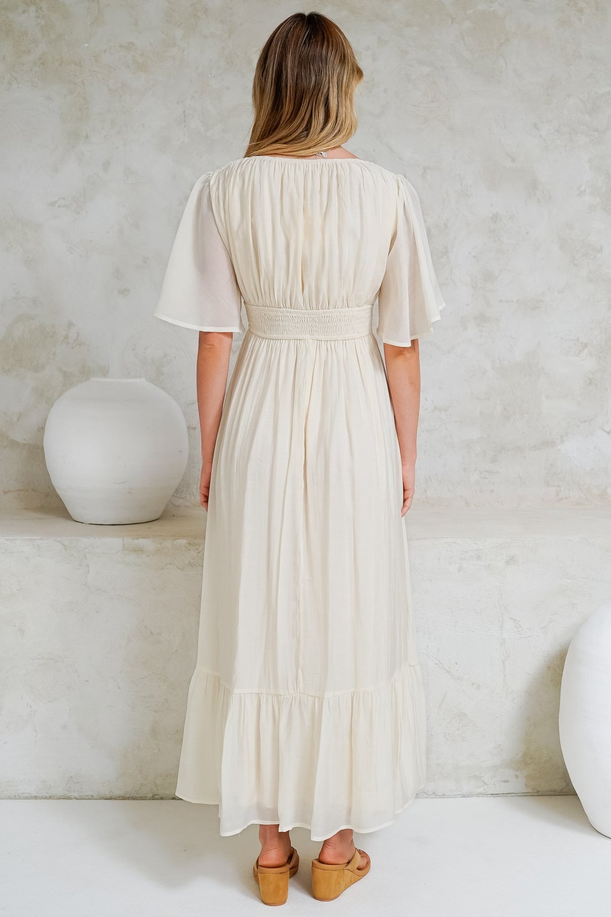Glades Maxi Dress - V Neck Shirred Waist A Line Dress in Cream