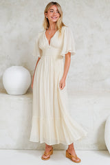 Glades Maxi Dress - V Neck Shirred Waist A Line Dress in Cream