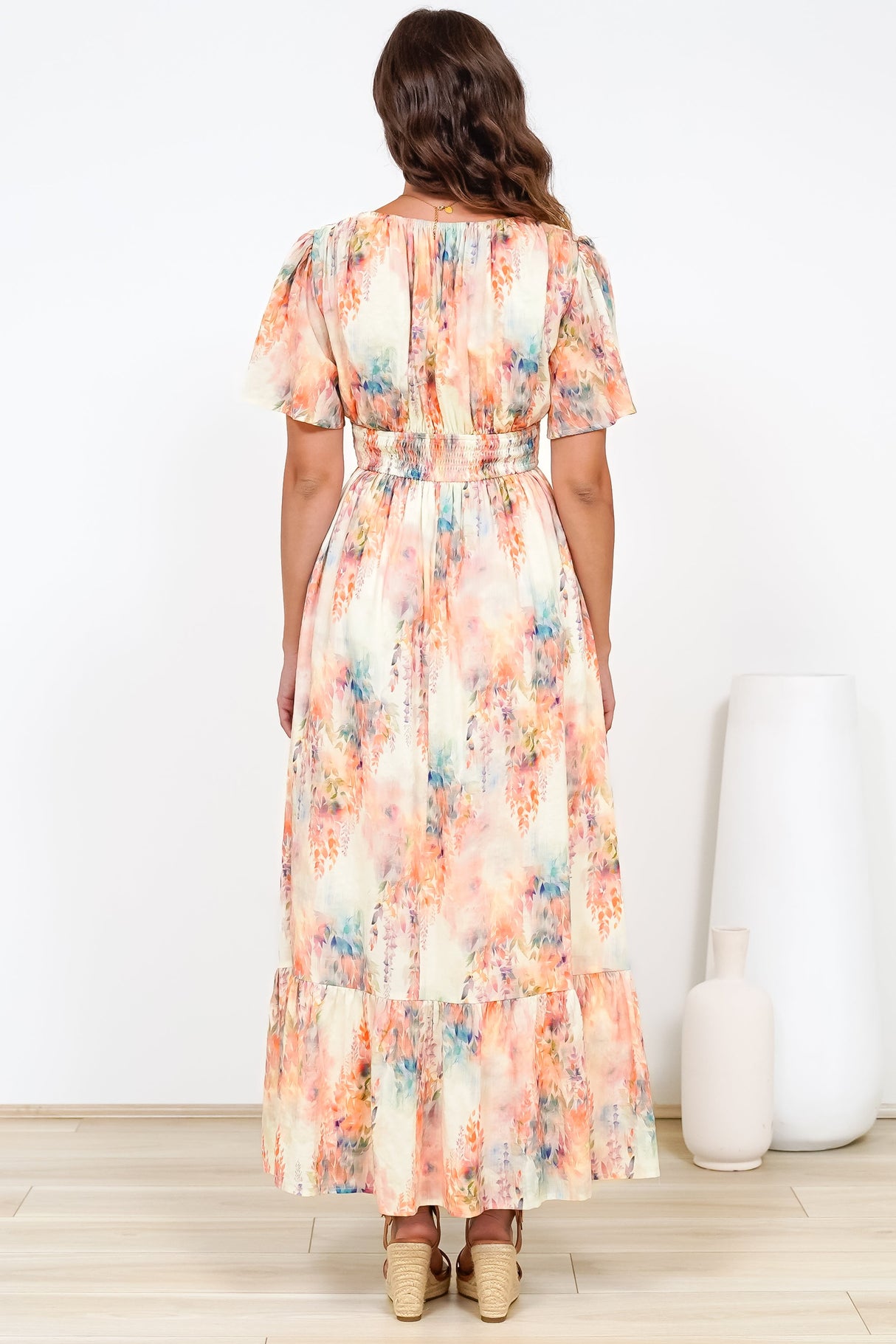 Glades Maxi Dress - V Neck Shirred Waist A Line Dress in Helena Print
