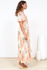 Glades Maxi Dress - V Neck Shirred Waist A Line Dress in Helena Print