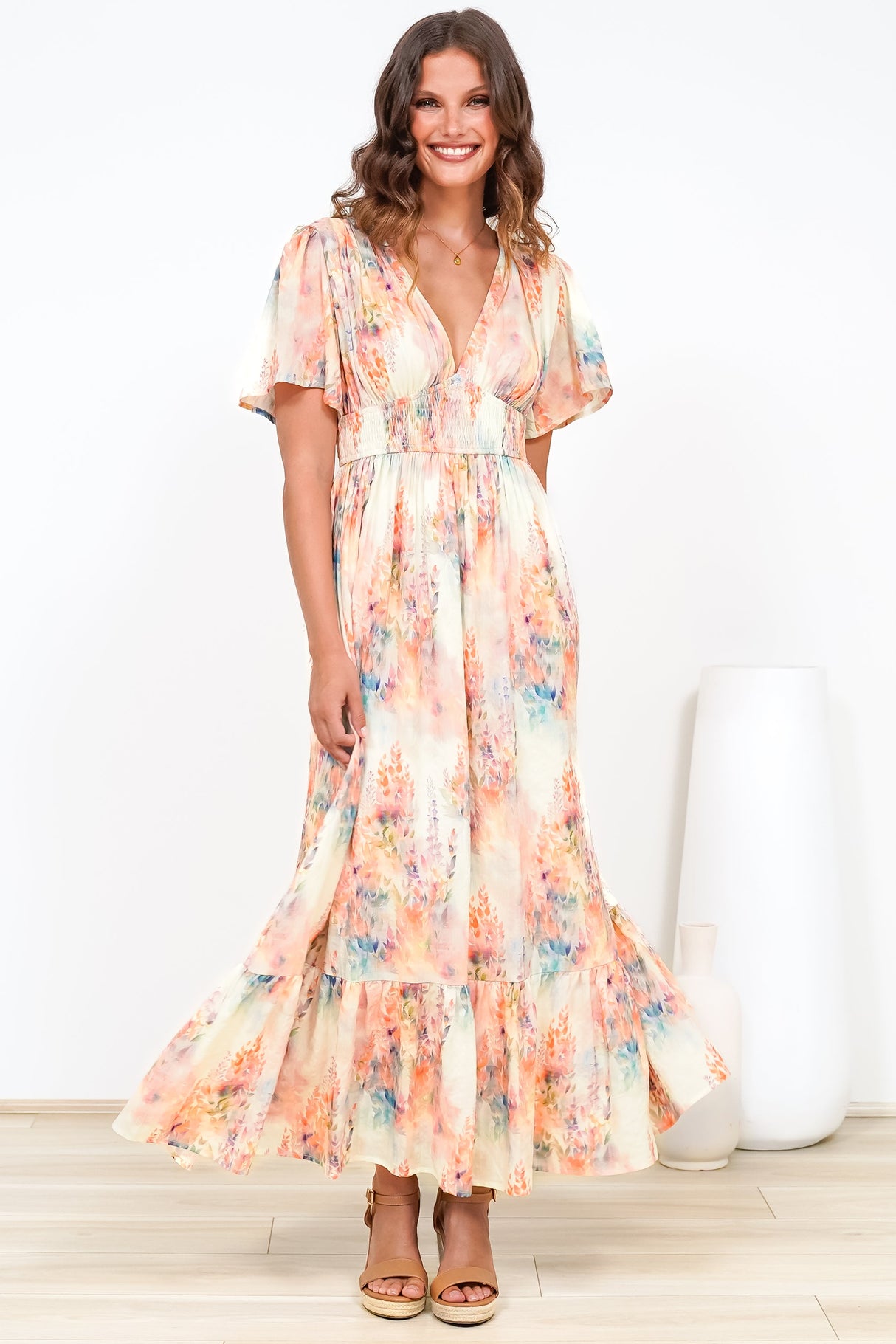 Glades Maxi Dress - V Neck Shirred Waist A Line Dress in Helena Print