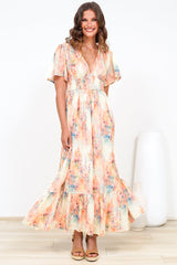 Glades Maxi Dress - V Neck Shirred Waist A Line Dress in Helena Print