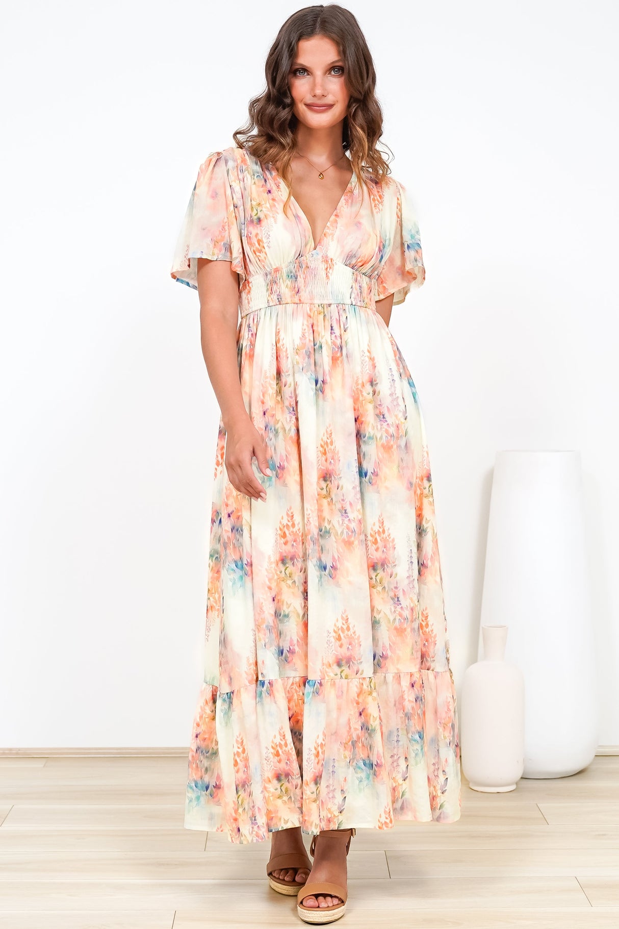 Glades Maxi Dress - V Neck Shirred Waist A Line Dress in Helena Print