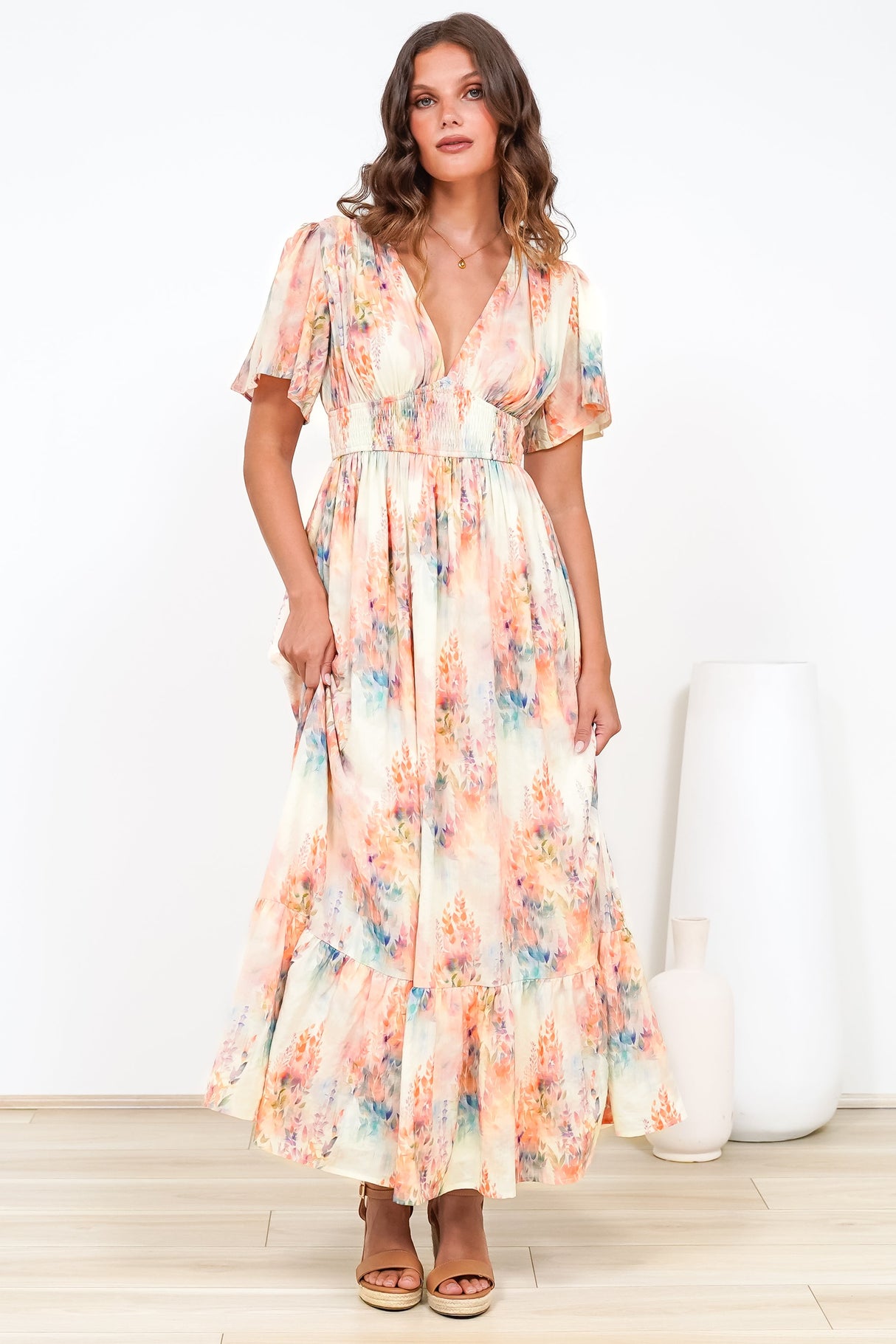 Glades Maxi Dress - V Neck Shirred Waist A Line Dress in Helena Print