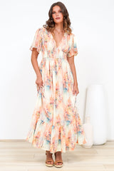 Glades Maxi Dress - V Neck Shirred Waist A Line Dress in Helena Print