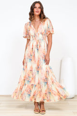 Glades Maxi Dress - V Neck Shirred Waist A Line Dress in Helena Print