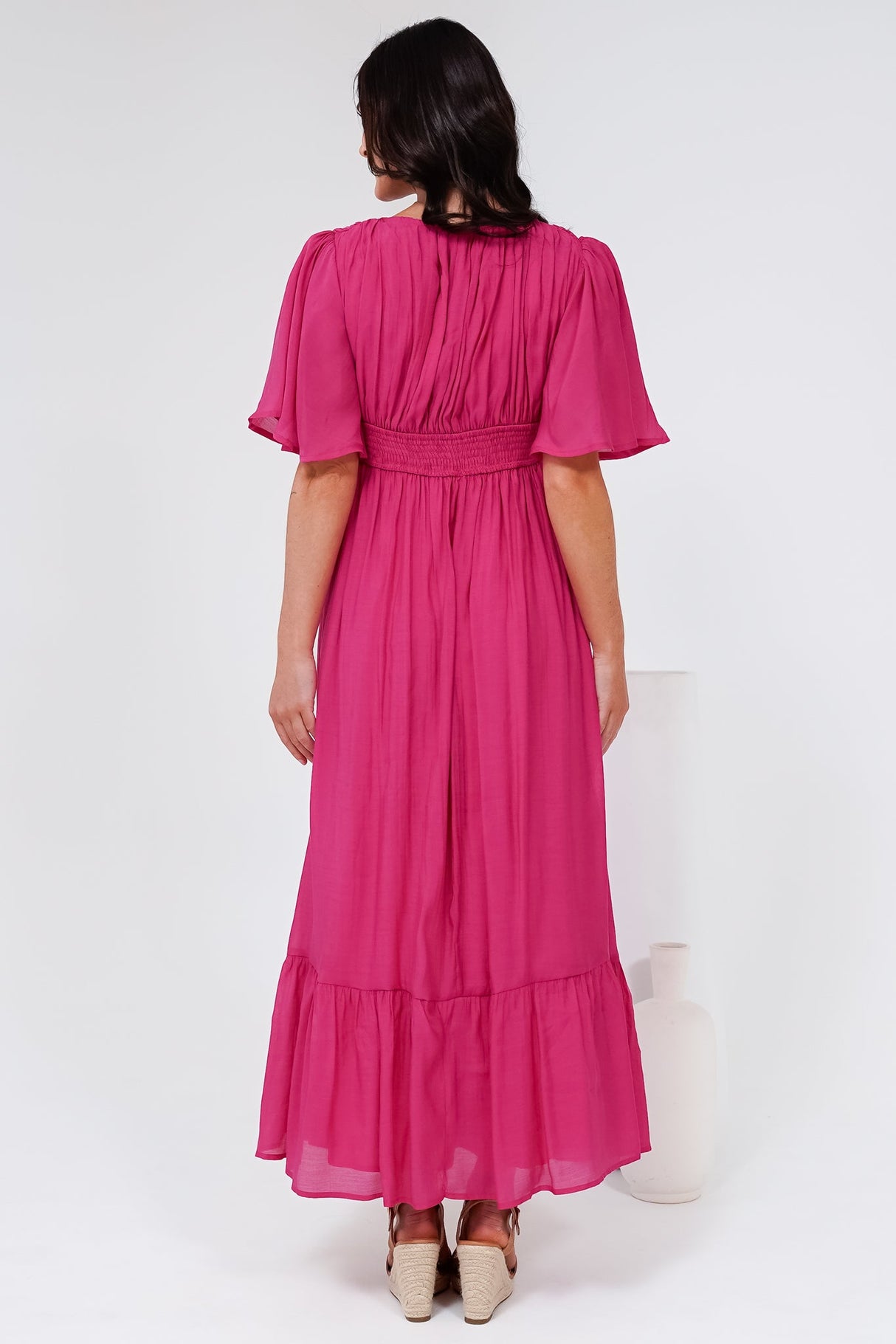Glades Maxi Dress - V Neck Shirred Waist A Line Dress in Hot Pink