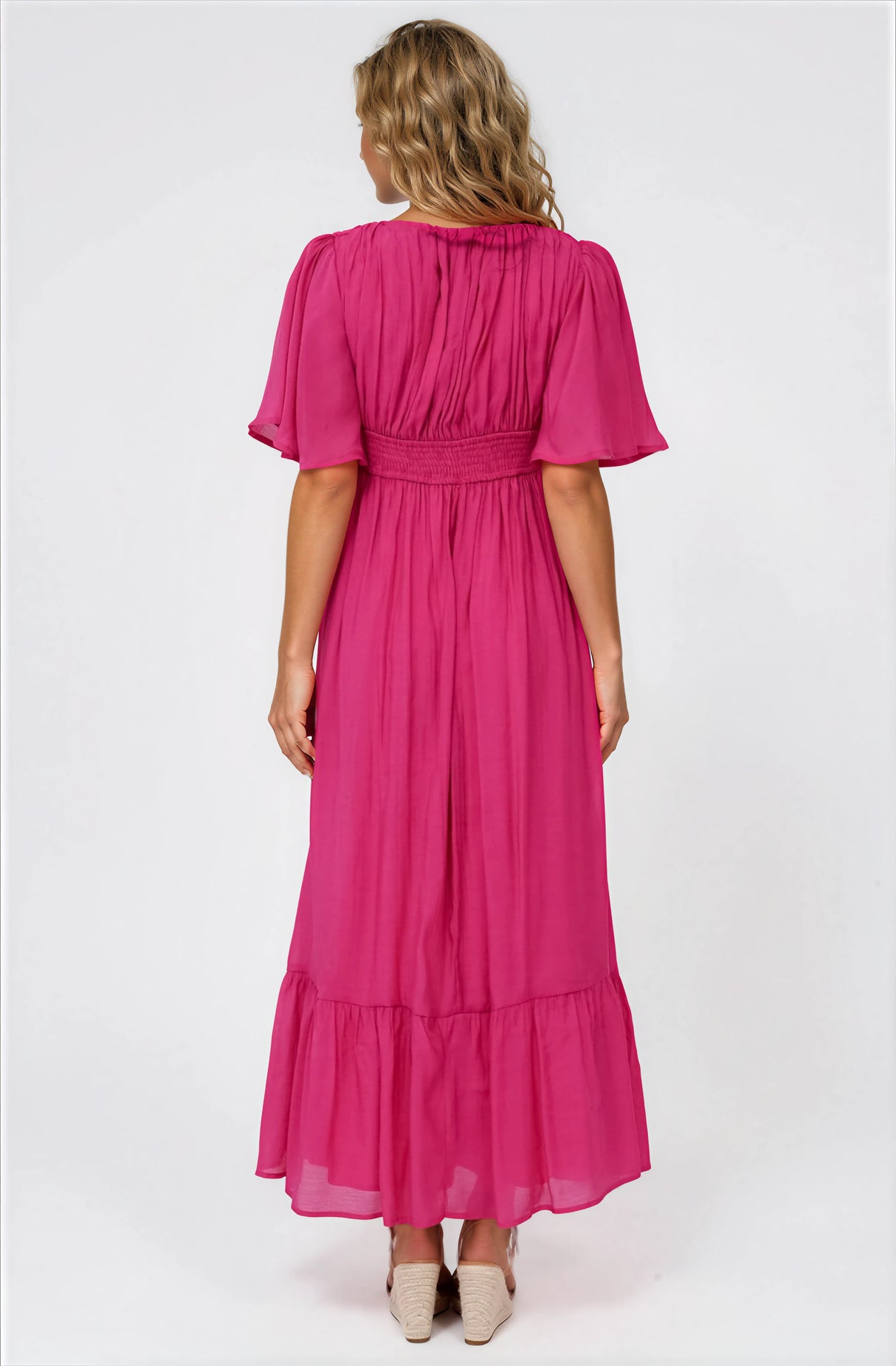 Glades Maxi Dress - V Neck Shirred Waist A Line Dress in Hot Pink
